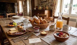 Table petit-déjeuner avec produits locaux au Clos Auvergnat