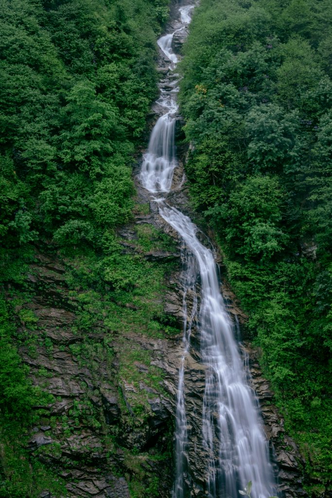 Vertical view of a cascading waterfall amidst dense forest in Rize, Turkey showcasing nature's beauty.